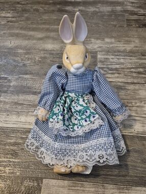 Vintage Porcelain Primative Deco Bunny Blue Gingham & Floral Blue